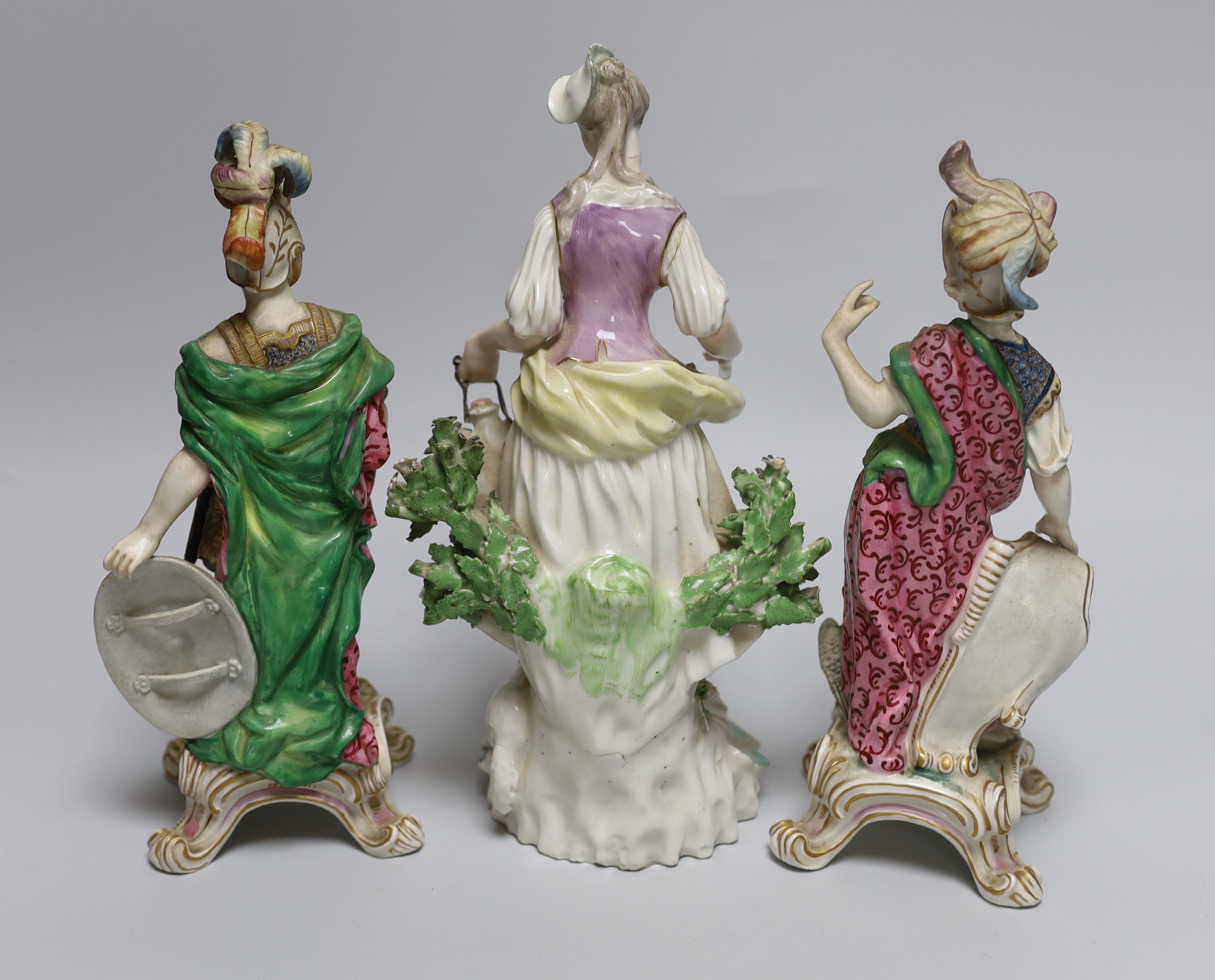 A Derby Shepherdess figure and two allegorical figures possibly Samson, tallest, 25cm